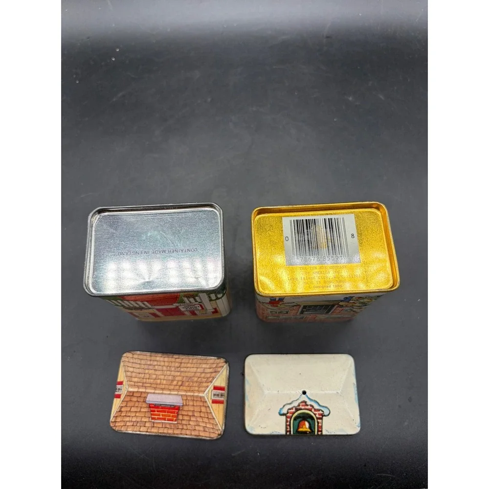 Vintage Nestle Toll House Cottage & Tin Box Co Schoolhouse Christmas Tins Set 2